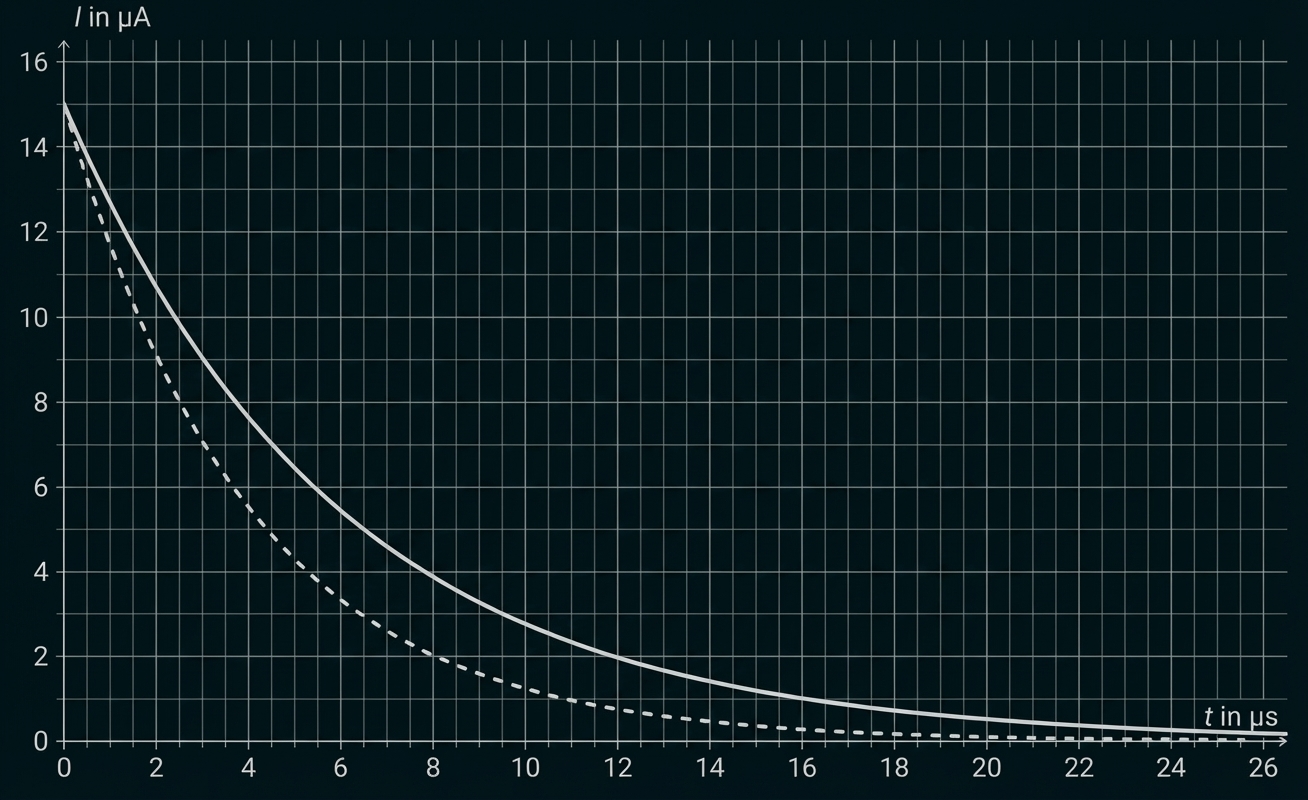 Liniengraph: zwei fallende Kurven (durchgezogen und gestrichelt) I in µA gegen t in µs auf kariertem Hintergrund.