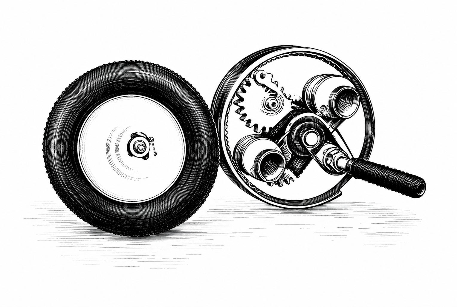 Aufgeschnittenes Rad mit sichtbarem Getriebe und Zahnrädern