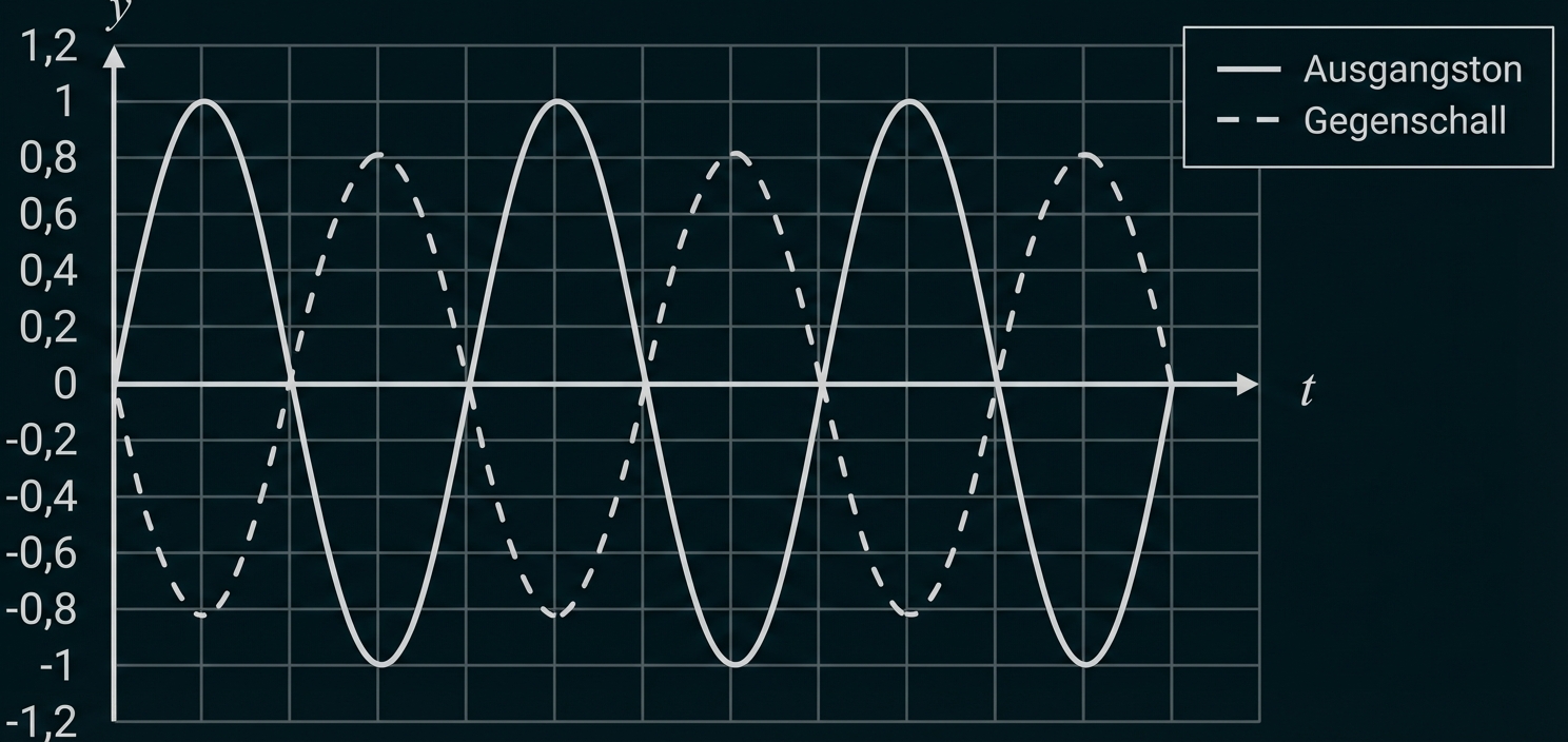 Graph mit zwei Sinuskurven (durchgezogen: Ausgangston, gestrichelt: Gegenschall) gegen die Zeitachse t.