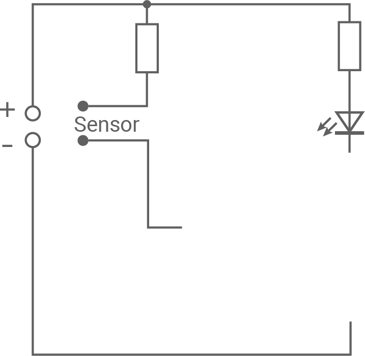 Einfacher Stromkreis mit Batterie (+/-), Sensoranschluss, zwei Widerständen und einer Leuchtdiode (LED).