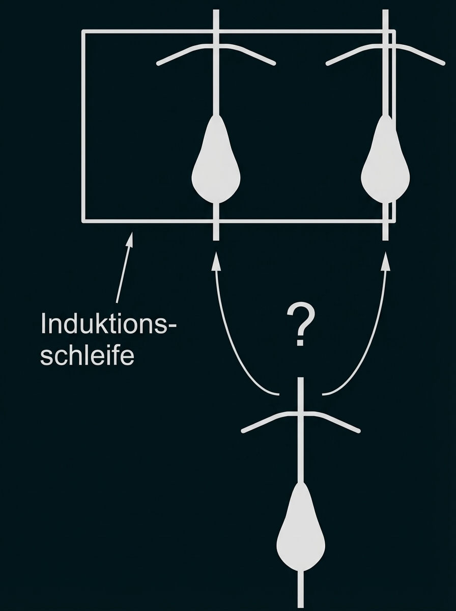 Schematische Darstellung einer Induktionsschleife mit Masten und Fragezeichen
