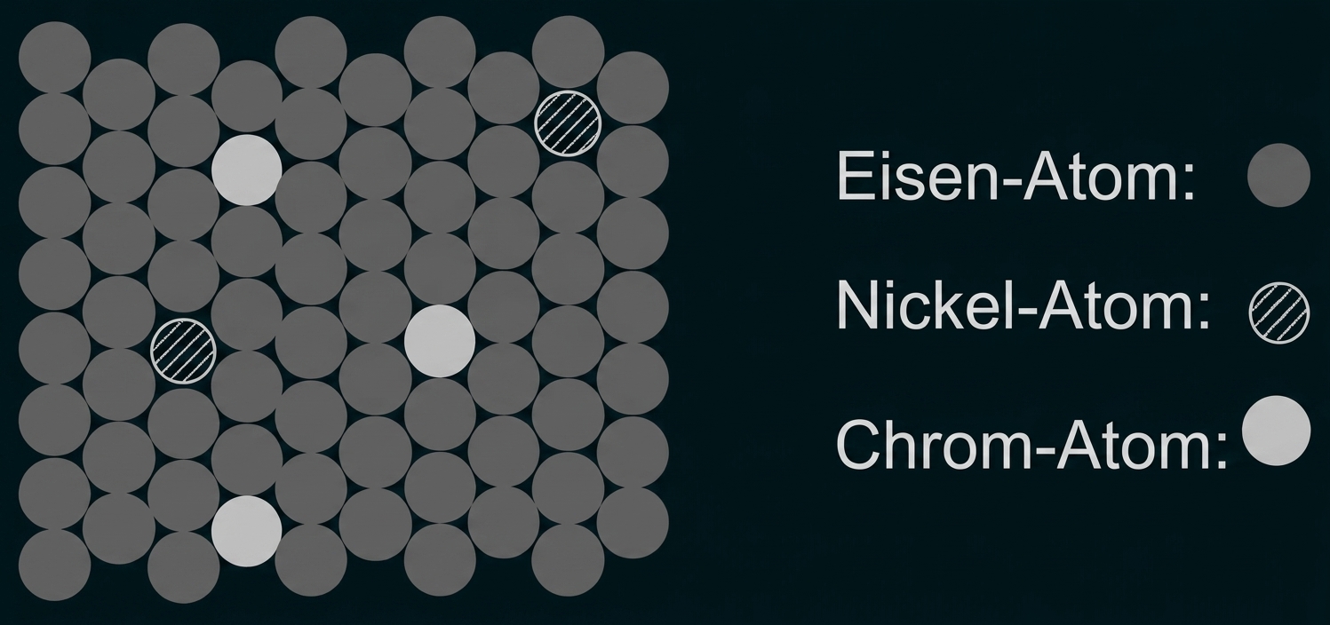 Raster aus dunkelgrauen Kreisen (Eisen), einigen hellgrauen (Chrom) und gestreiften Kreisen (Nickel), Legende rechts.