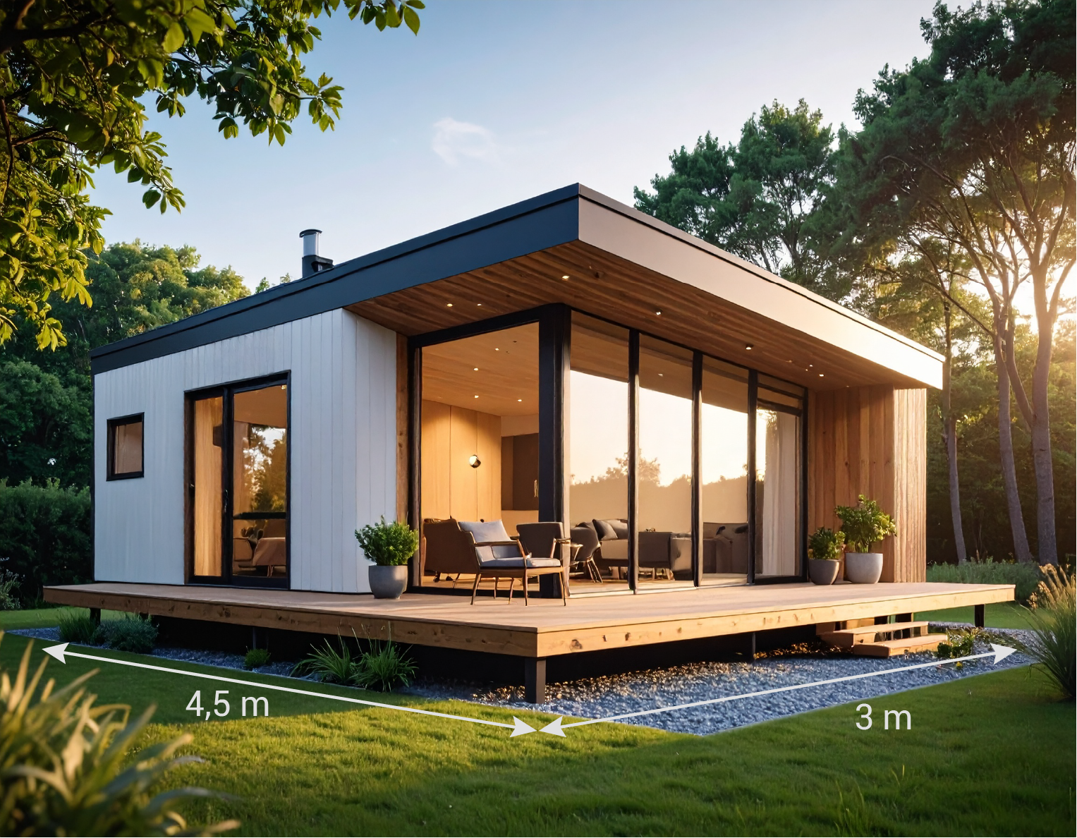 Moderne Holzarchitektur mit großen Fenstern, umgeben von Grün, auf einer Terrasse mit Maßen von 4,5 m x 3 m.