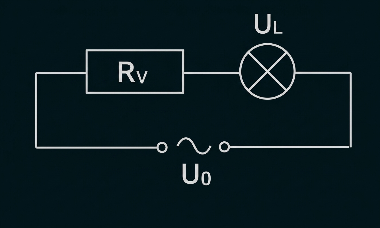 Schematische Darstellung eines Stromkreises mit verstellbarem Widerstand Rv, Lampe (UL) und Wechselspannungsquelle U0.
