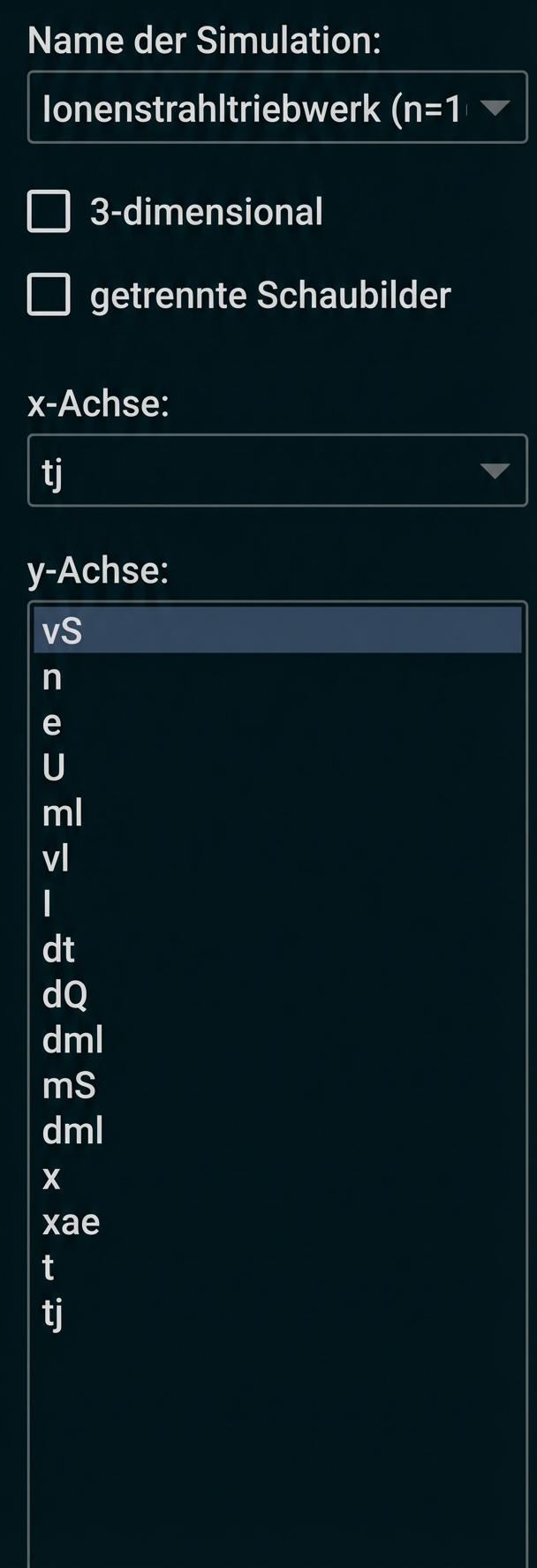 Dialogfenster einer Simulation mit Auswahl für Name sowie x‑ und y‑Achse; y‑Achse 'vS' markiert