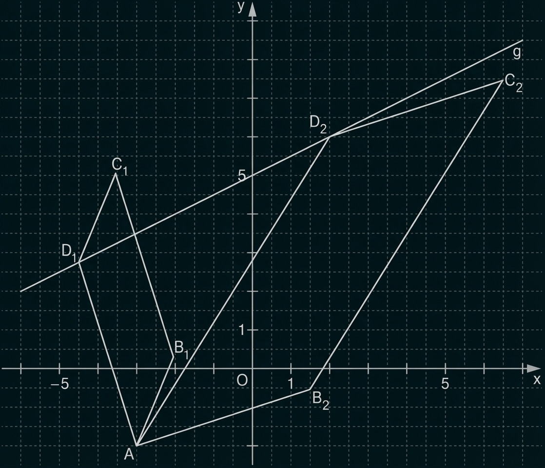 Koordinatensystem mit Ursprung, zwei verschobenen Vierecken und schräger Geraden, markierte Punkte A, B1, B2, C1, C2, D1, D2.