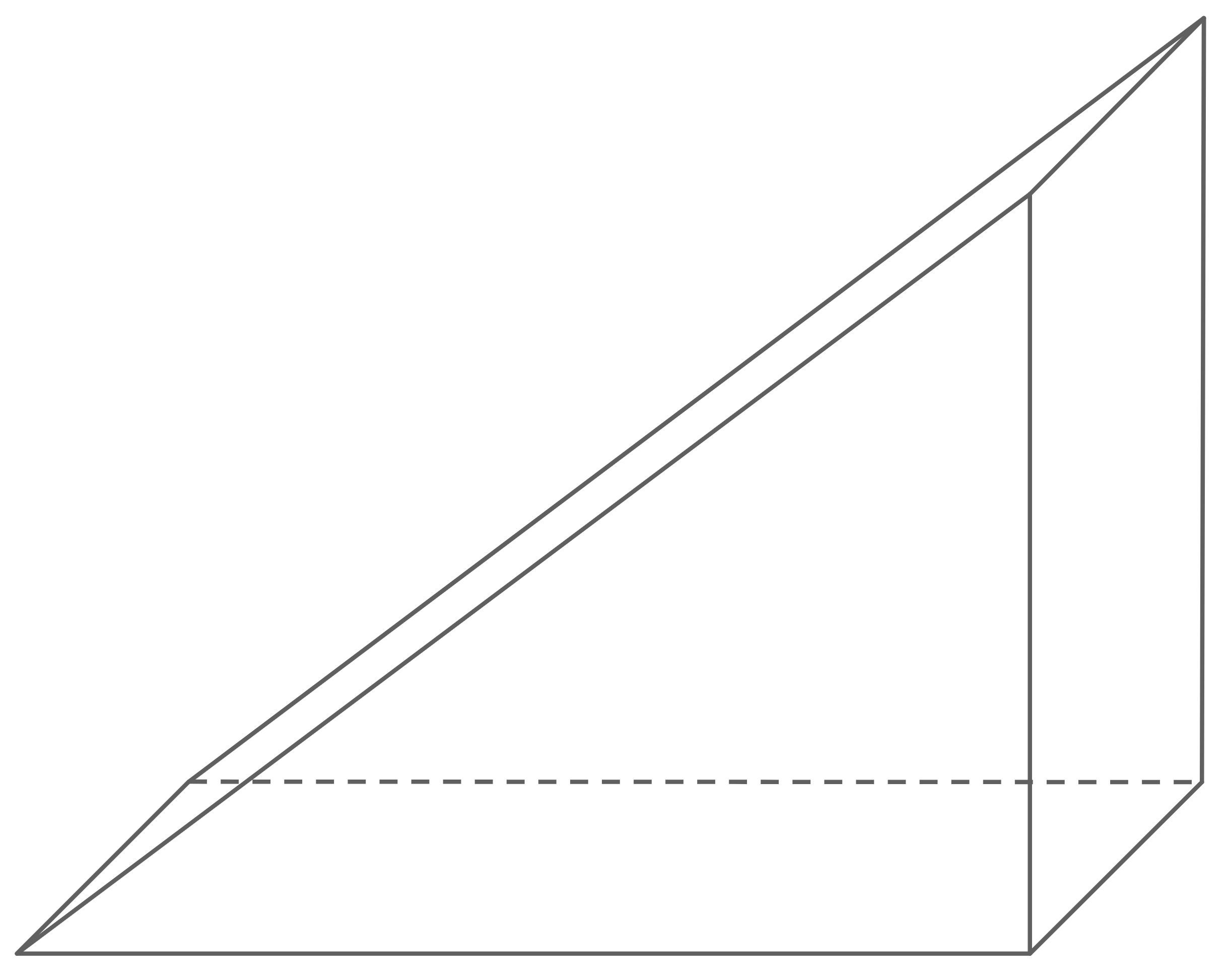 Skizze eines schrägen Prismas mit geneigter Oberseite, vertikaler Wand und gestrichelter Kante