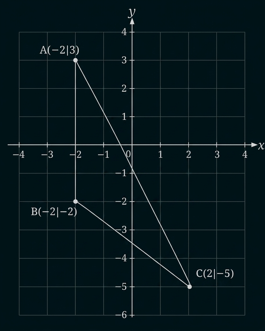 Koordinatensystem mit den Punkten A(-2|3), B(-2|-2) und C(2|-5) sowie Verbindungslinien.