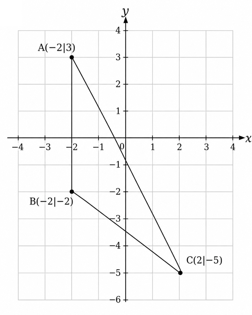 Koordinatensystem mit den Punkten A(-2|3), B(-2|-2) und C(2|-5) sowie Verbindungslinien.
