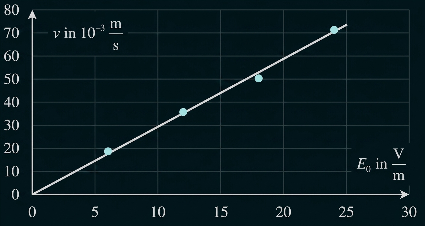 Diagramm: v (10^-3 m/s) gegen E0 (V/m), Punkte mit linearer Ausgleichsgerade.