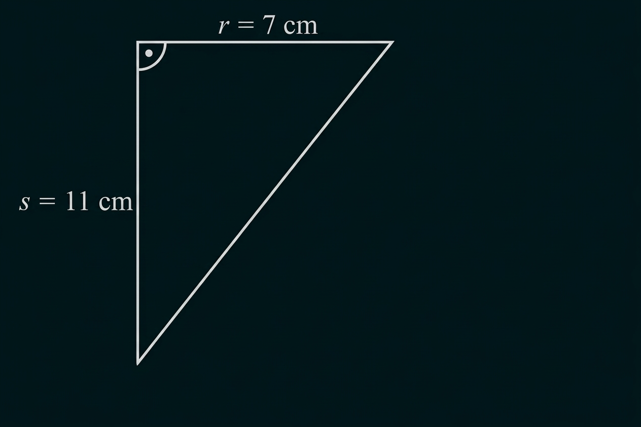 Rechtwinkliges Dreieck mit Seitenlängen r = 7 cm und s = 11 cm am markierten Eckpunkt.