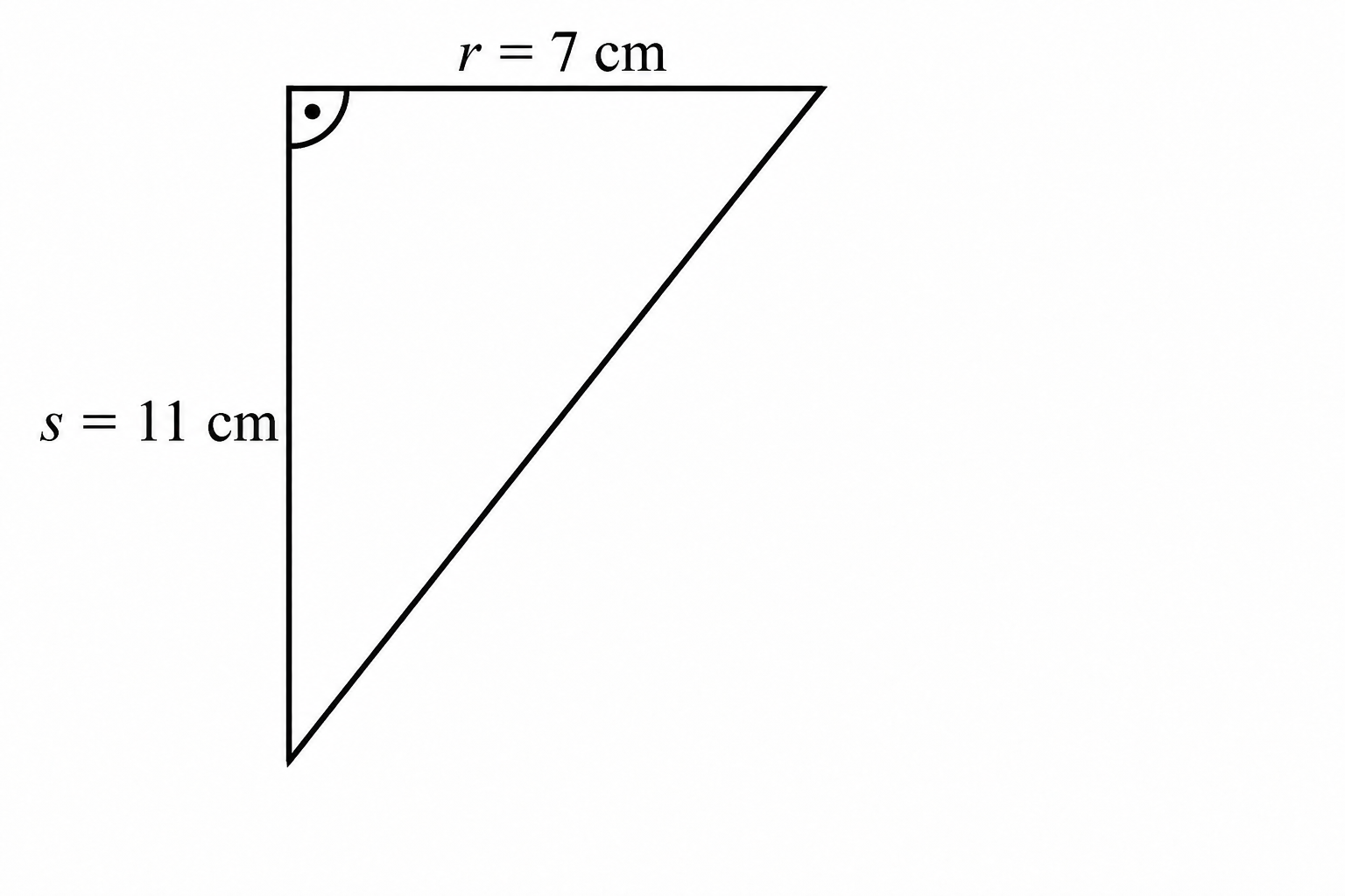 Rechtwinkliges Dreieck mit Seitenlängen r = 7 cm und s = 11 cm am markierten Eckpunkt.
