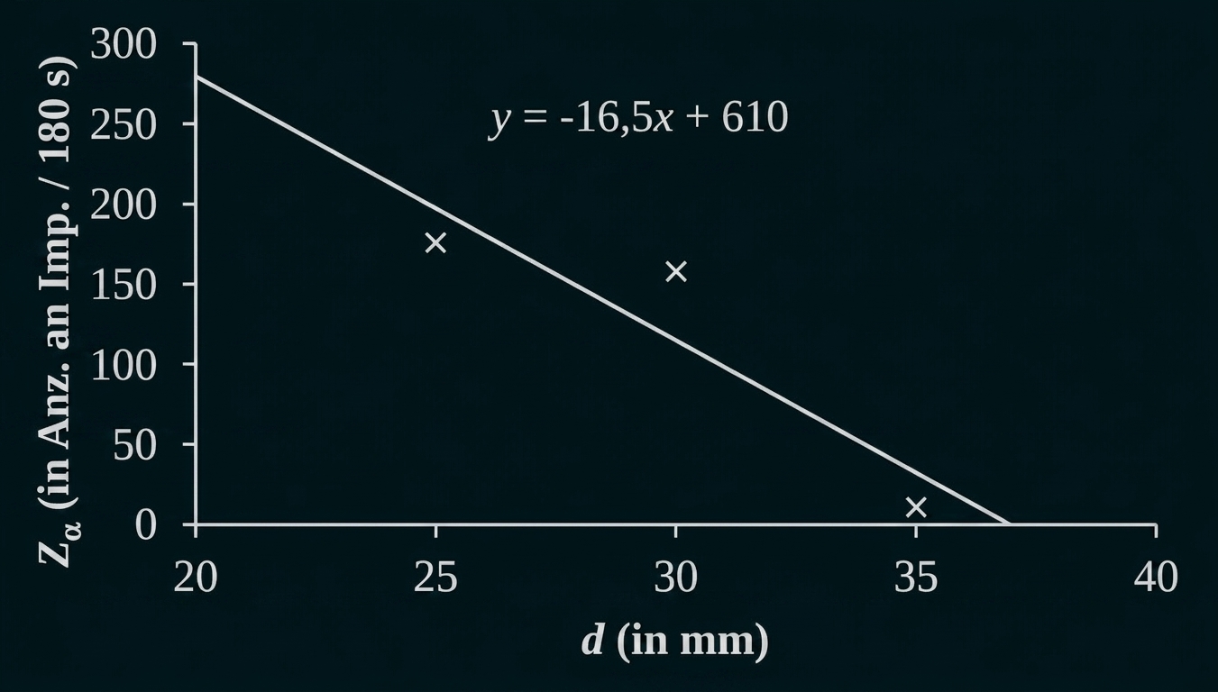 Diagramm: Streuplot mit abfallender Trendlinie y = -16,5x + 610, x-Achse d (mm), y-Achse Zα (Imp./180 s), drei Messpunkte.