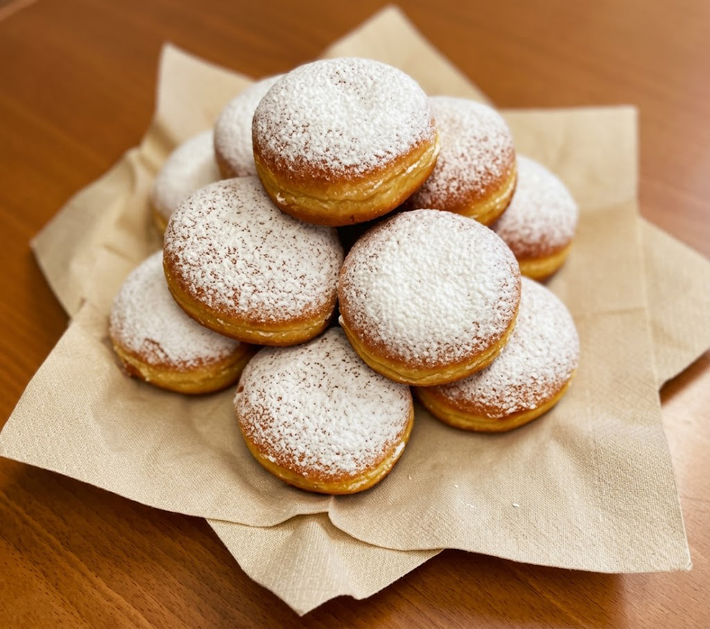 Mehrere mit Puderzucker bestäubte Krapfen (Berliner) auf einer Serviette