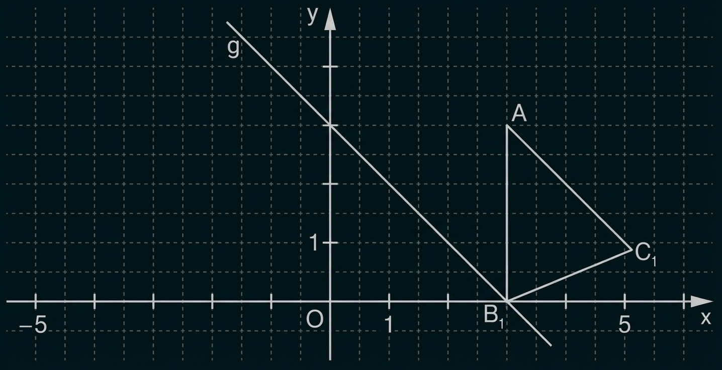 Koordinatensystem mit abfallender Gerade g und Dreieck rechts mit Punkten A, B1 und C1