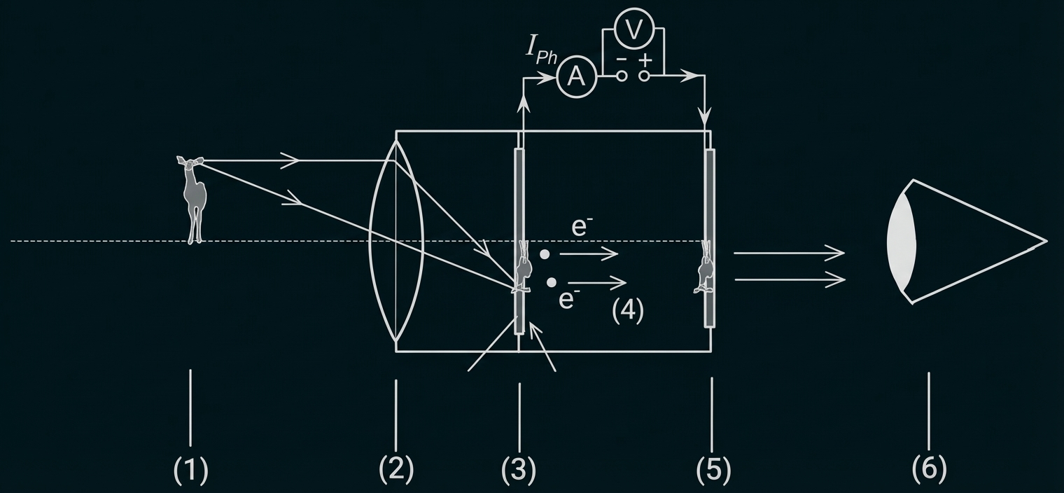 Schematische Darstellung eines Bildrohrs: Objekt, Sammellinse, Photokathode, Elektronenstrahl, Schirm und Auge
