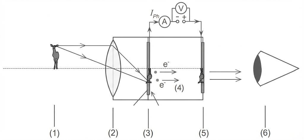 Schematische Darstellung eines Bildrohrs: Objekt, Sammellinse, Photokathode, Elektronenstrahl, Schirm und Auge