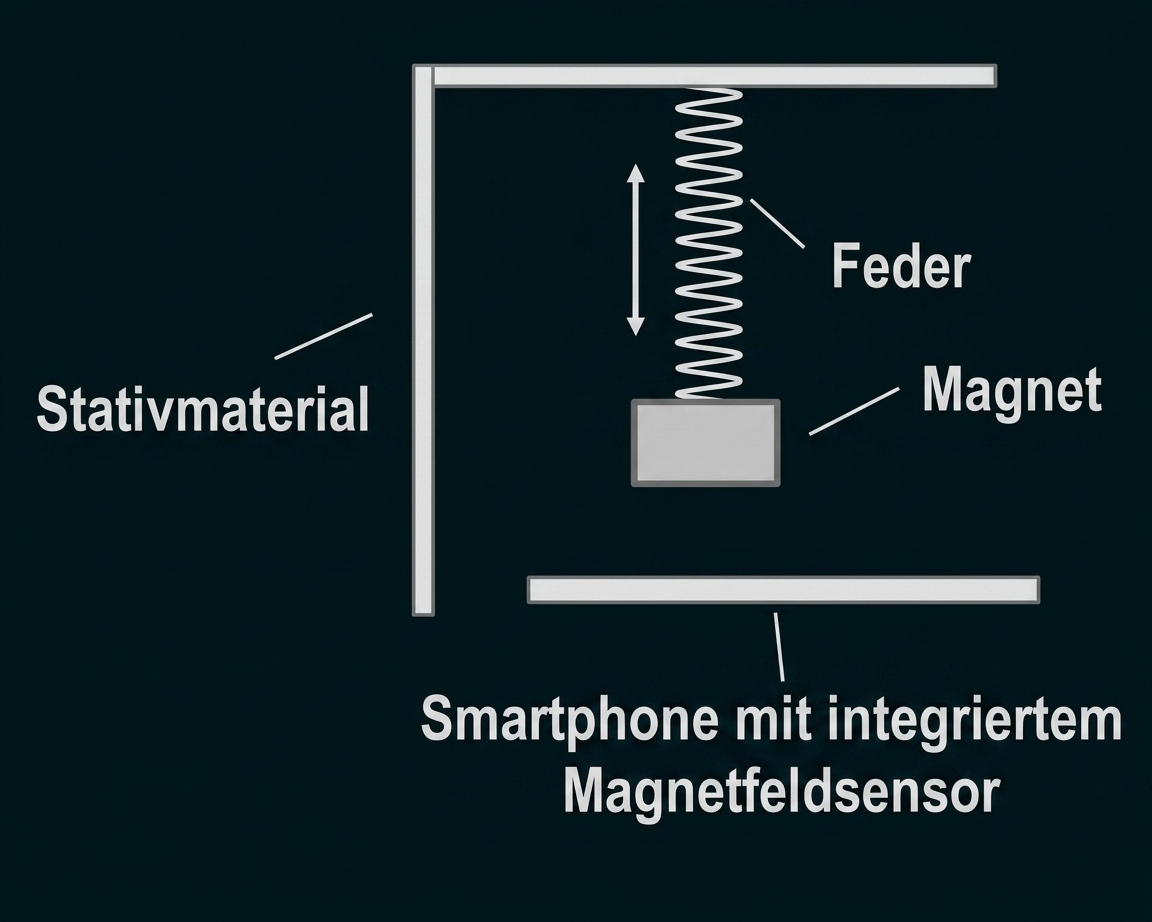 Skizze eines Magnet-Experiments mit Feder, Magnet und Smartphone mit Magnetfeldsensor