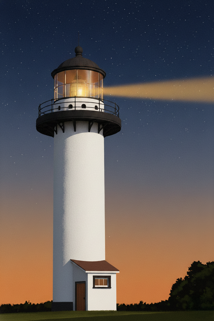 Weißer Leuchtturm bei Abenddämmerung, leuchtende Laterne sendet Lichtkegel vor Sternenhimmel