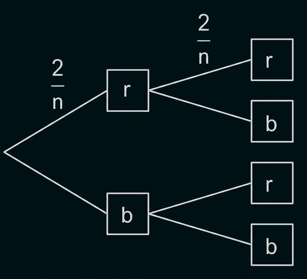 Baumdiagramm mit r- und b-Knoten, verzweigt zu r und b, Zweigwahrscheinlichkeit 2/n
