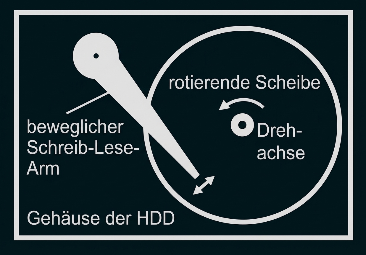Schematische Darstellung einer Festplatte mit rotierender Scheibe, Drehachse und beweglichem Schreib-Lese-Arm.