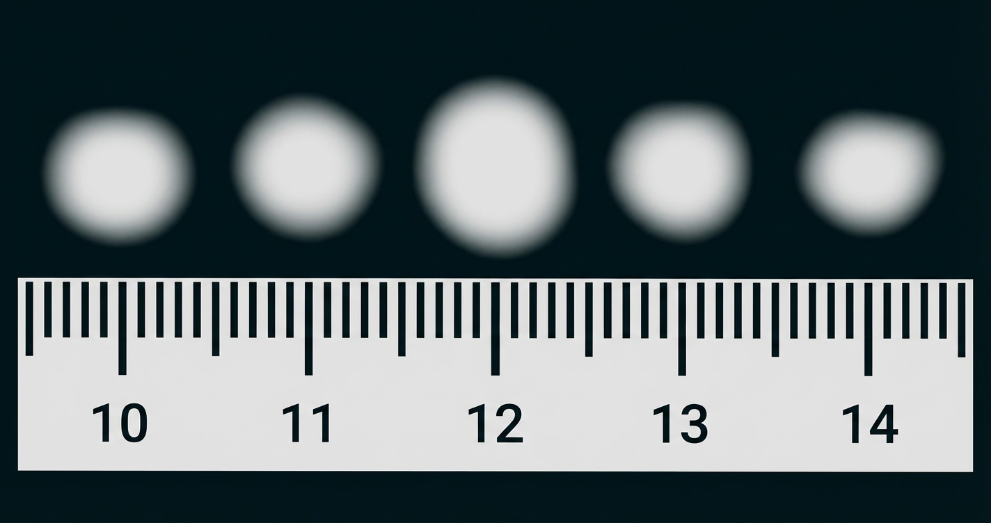Fünf unscharfe schwarze Punkte über einem Lineal (Skala 10–14) als Größenvergleich