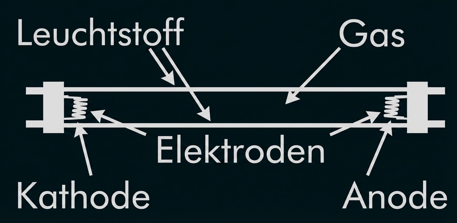 Schematische Darstellung einer Leuchtstoffröhre mit Gas, Leuchtstoff und beschrifteten Elektroden (Kathode, Anode)