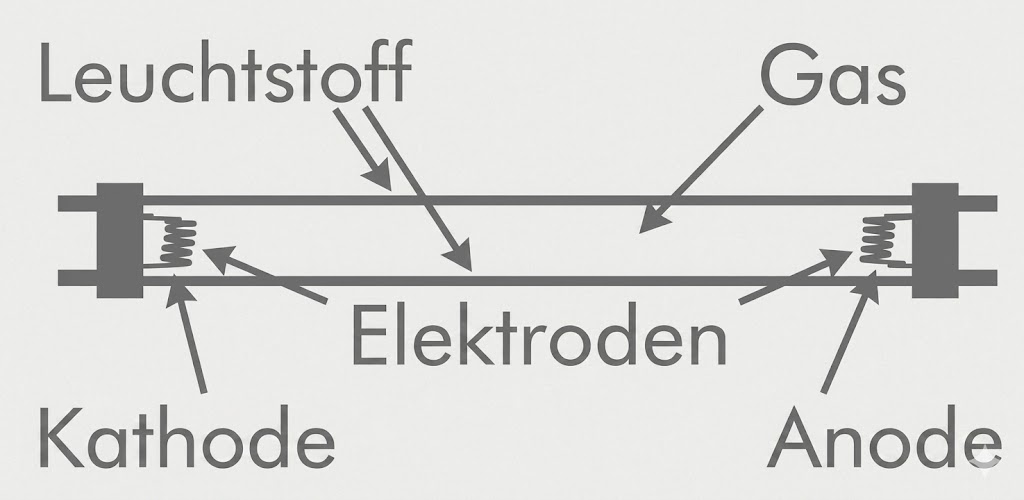Schematische Darstellung einer Leuchtstoffröhre mit Gas, Leuchtstoff und beschrifteten Elektroden (Kathode, Anode)