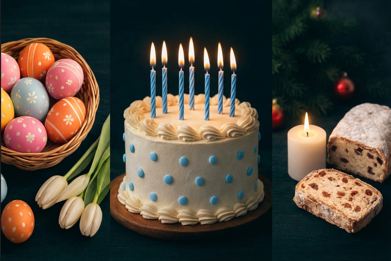 Dreiteilig: bunte Ostereier mit Tulpen, Geburtstagstorte mit blauen Kerzen, Stollen und Kerze vor Tannenzweigen