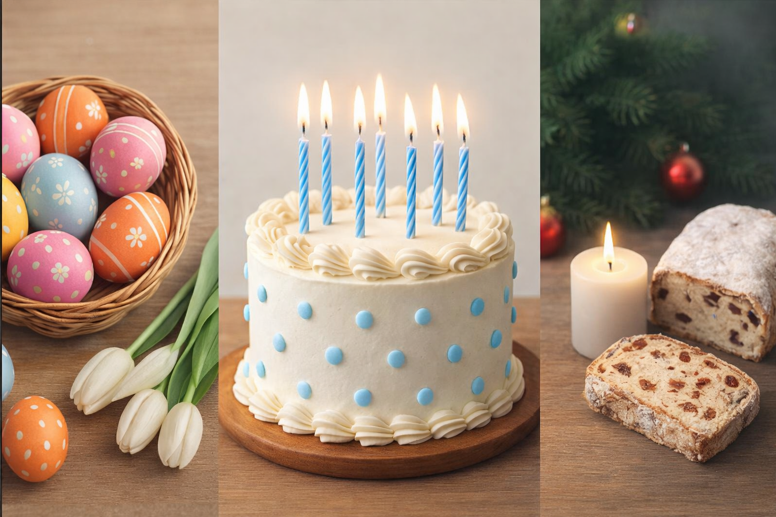 Dreiteilig: bunte Ostereier mit Tulpen, Geburtstagstorte mit blauen Kerzen, Stollen und Kerze vor Tannenzweigen