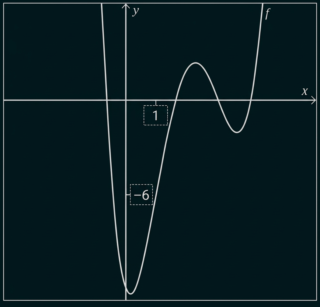 Koordinatensystem mit dem Graphen einer Funktion und markierten Einheiten 1 und −6.
