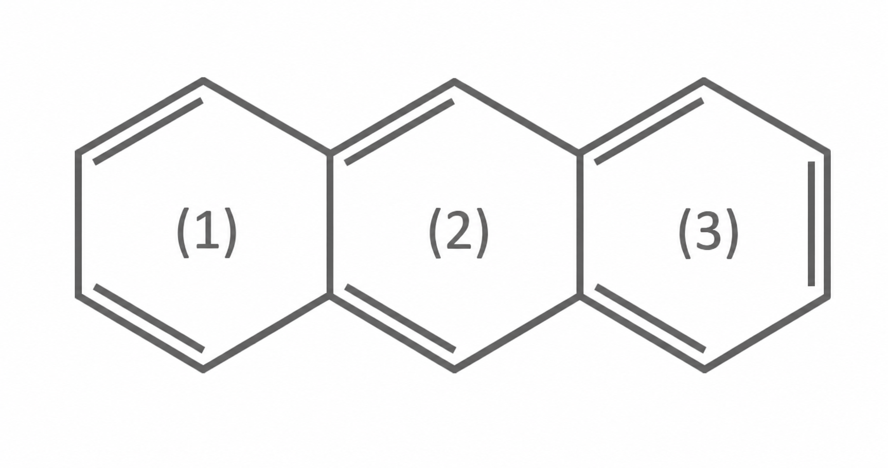 Chemische Strukturformel mit drei verbundenen Sechsringen und Markierungen (1), (2), (3)