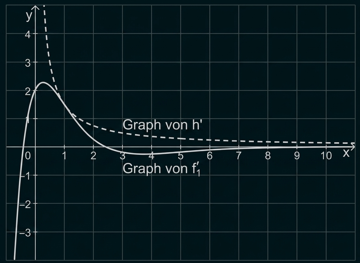 Koordinatensystem mit zwei Kurven, gestrichelt (Graph von h') und durchgezogen (Graph von f₁'), x- und y-Achse sichtbar.