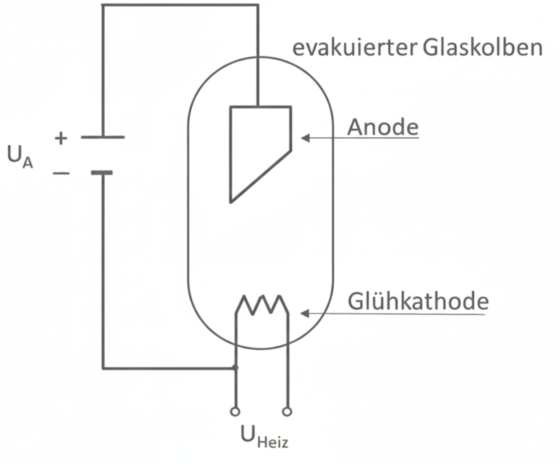Evakuierter Glaskolben mit Anode, Glühkathode und Spannungsanschlüssen (UA, UHeiz)