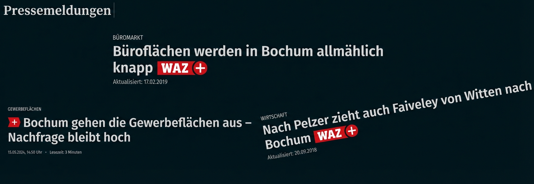 Zeitungsüberschriften über Bochum und knappe Gewerbeflächen mit WAZ-Logos