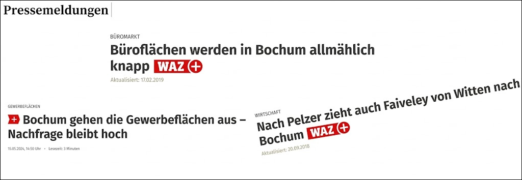 Zeitungsüberschriften über Bochum und knappe Gewerbeflächen mit WAZ-Logos