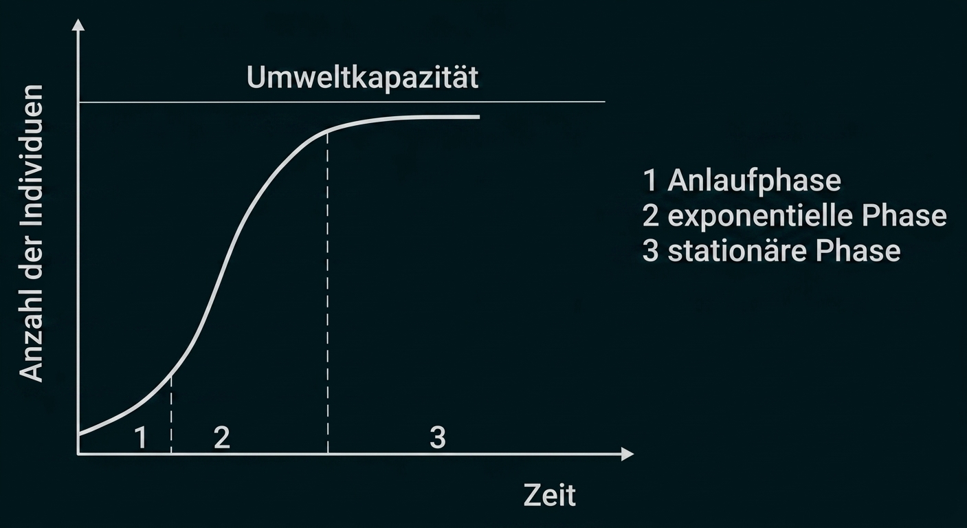 S-förmige Populationskurve über Zeit mit Anlauf-, exponentieller und stationärer Phase; Umweltkapazität oben markiert.