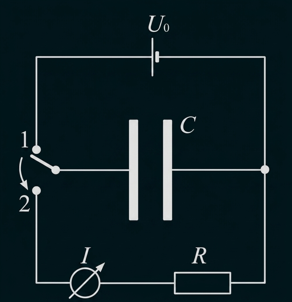 Schaltbild: Batterie U0, Schalter mit Positionen 1/2, Kondensator C, Widerstand R und Strommesser I