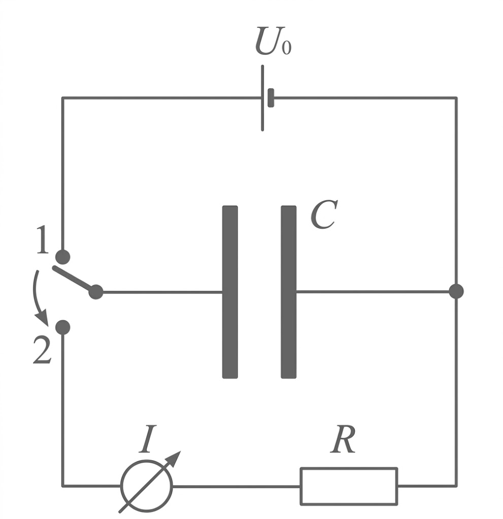 Schaltbild: Batterie U0, Schalter mit Positionen 1/2, Kondensator C, Widerstand R und Strommesser I