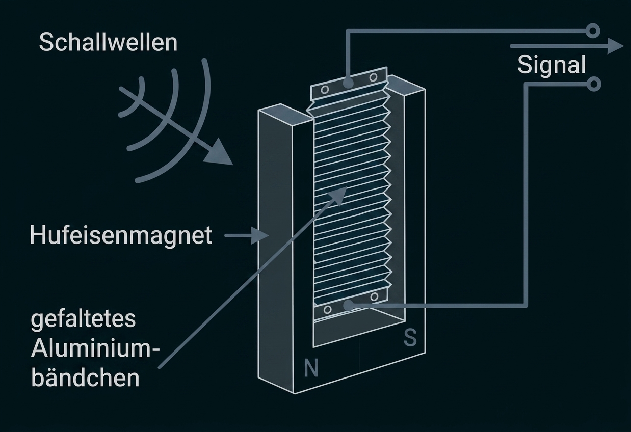 Schematische Darstellung eines Hufeisenmagneten mit gefaltetem Aluminiumbändchen und Schallwellen als Signal.