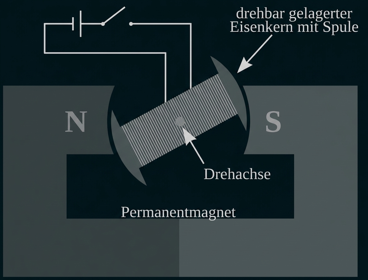 Schema eines Elektromotors mit Permanentmagnet, Spule und drehbarem Eisenkern.