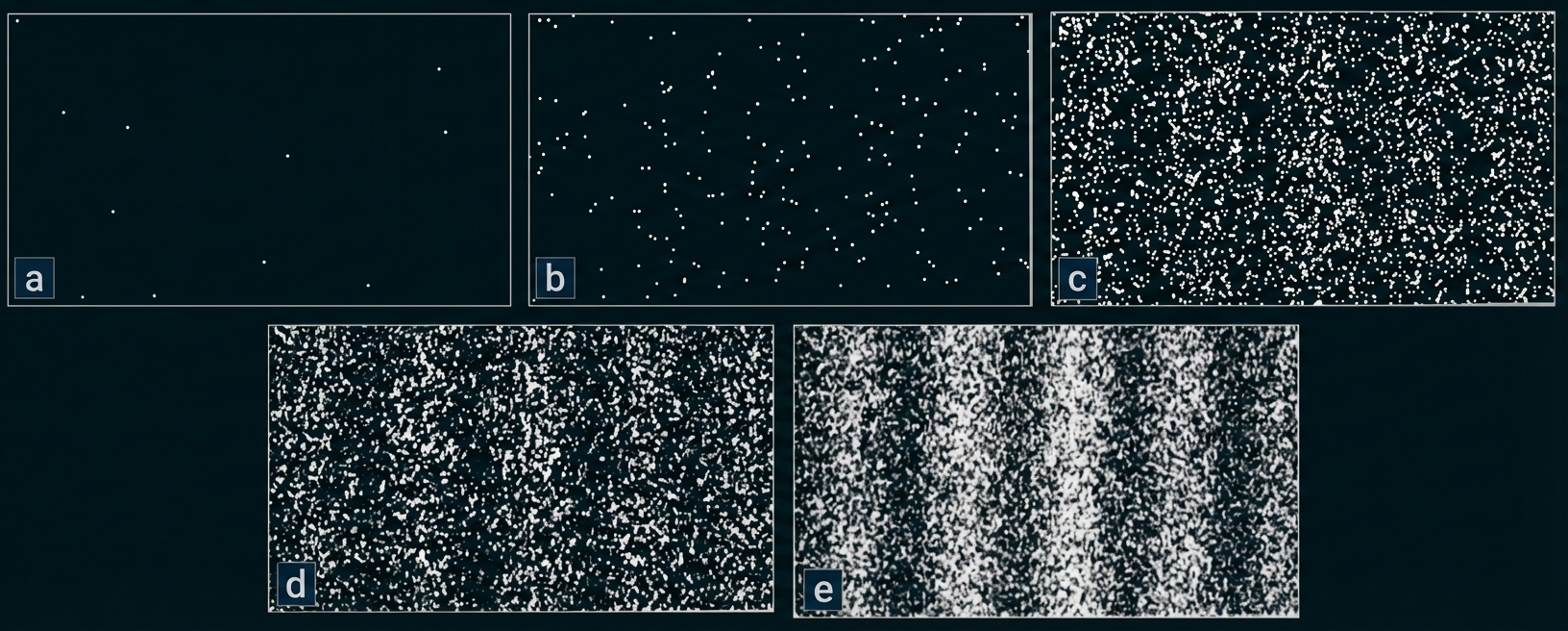 Fünf schwarz-weiße Felder (a–e) mit variierender Punktdichte, von wenigen Einzelpunkten bis dichtem Rauschen.