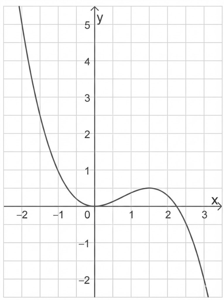 Koordinatensystem mit Gitternetz und einer geschwungenen Kurve, die über und unter der x-Achse verläuft.
