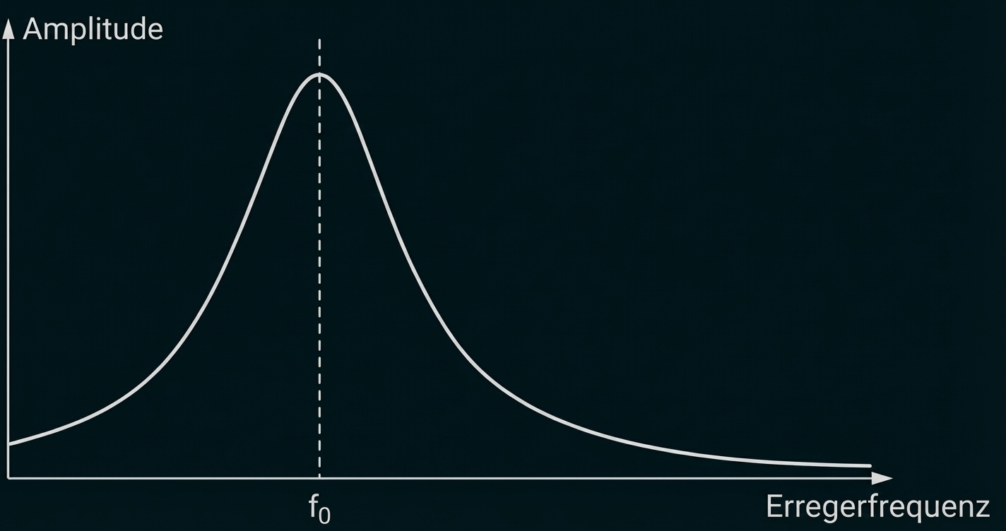 Einfaches Diagramm: Amplitude gegen Erregerfrequenz mit Peak bei f0.