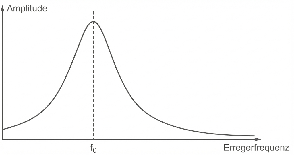Einfaches Diagramm: Amplitude gegen Erregerfrequenz mit Peak bei f0.