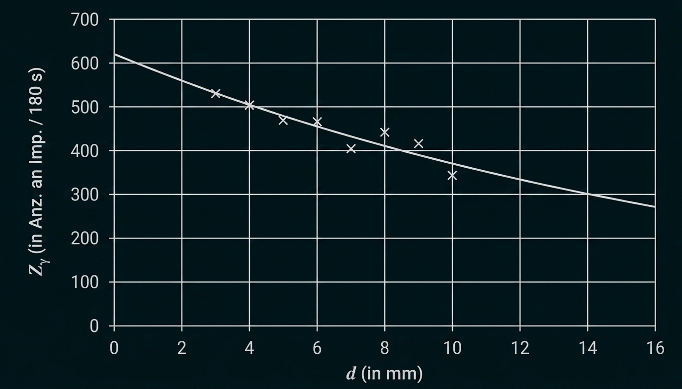 Diagramm: Zählimpulse Z_γ (Imp./180 s) sinken mit steigendem Abstand d (mm); Messpunkte (Kreuze) und Trendlinie.