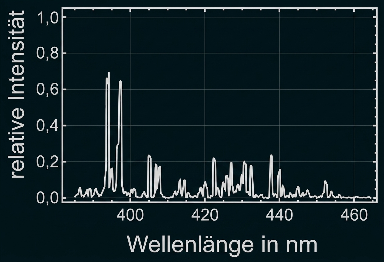 Spektraldiagramm: Wellenlänge in nm und relative Intensität mit ausgeprägten Peaks bei ~395 nm und kleineren bei 420–440 nm