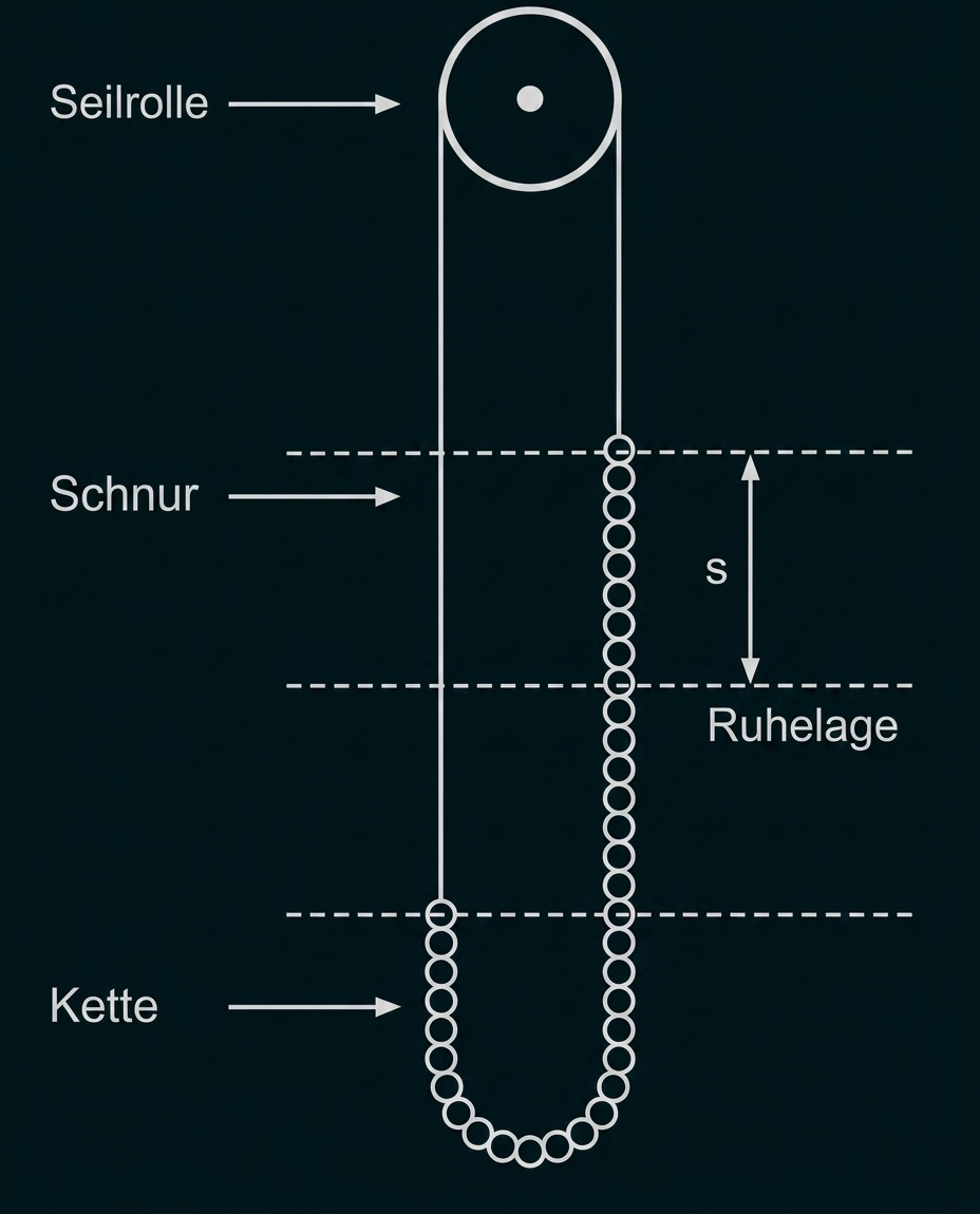 Schematische Zeichnung einer Seilrolle mit Schnur und Kette, markierter Ruhelage und Auslenkung s