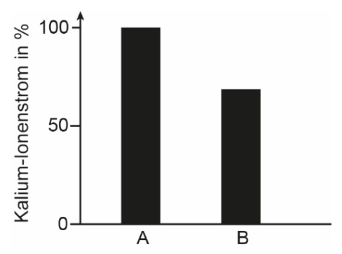 Balkendiagramm mit zwei Balken: A bei 100%, B etwa 70% (Kalium-Ionenstrom in %).