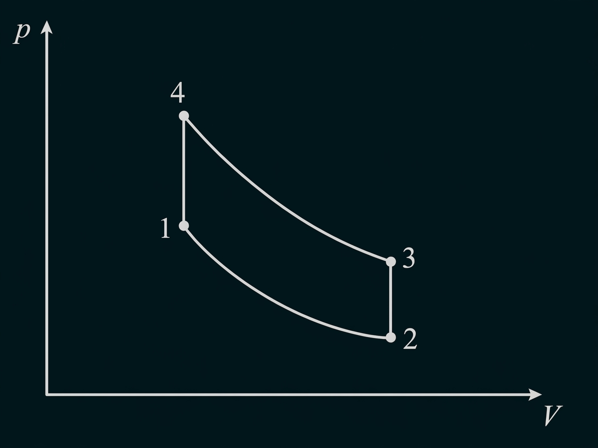 p–V-Diagramm mit Achsen p und V, zwei gebogenen Kurven und vier markierten Zuständen (1–4) verbunden durch linke und rechte vertikale Linien